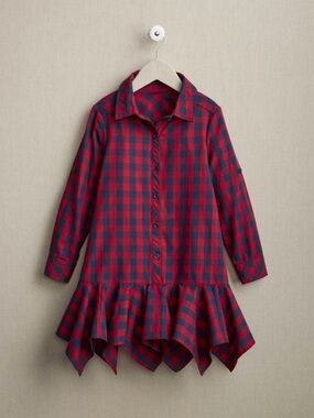Girl’s Dress Back to School Red Navy Plaid Handkerchief-Hem Button Down collared
